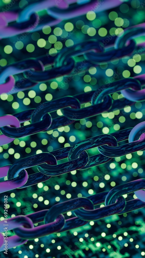 Poster futuristic blockchain concept with glowing blue bokeh and chain links