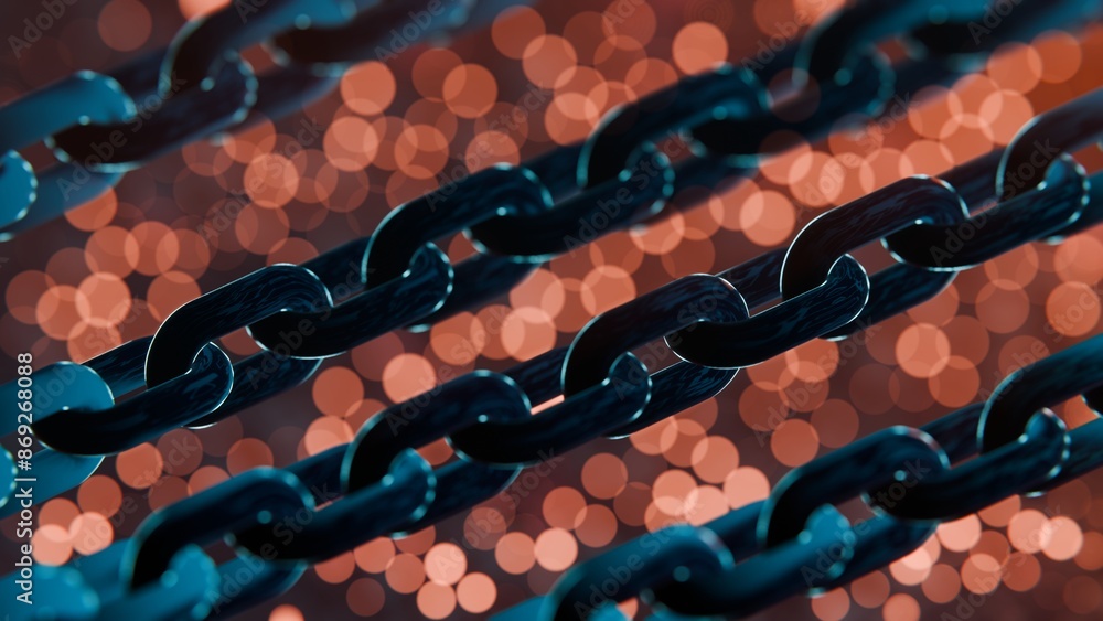 Poster futuristic blockchain concept with glowing blue bokeh and chain links