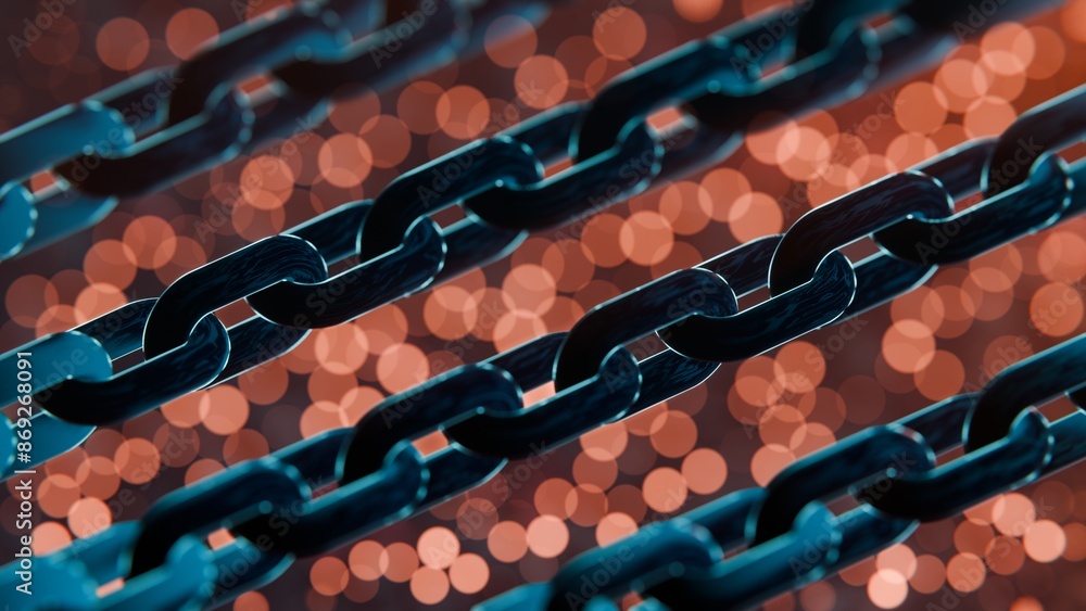 Poster futuristic blockchain concept with glowing blue bokeh and chain links