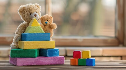A colorful stacking toy sits on a white rug in a playroom, with a teddy bear beside a white couch in the background.