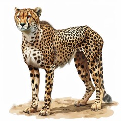 A cheetah is standing on a dirt field with its head held high