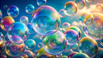 Iridescent Soap Bubbles Floating In The Air, Reflecting The Colors Of The Rainbow.
