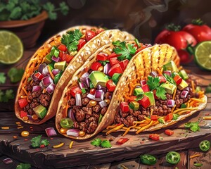 Mexican taco with vibrant toppings, colorful, detailed, food illustration