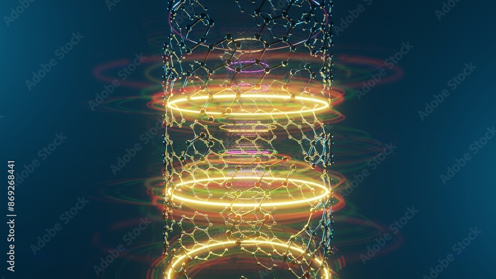 Poster futuristic glowing helix structure with neon rings and molecular network..