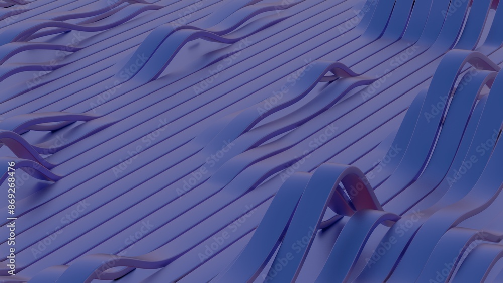 Poster abstract wavy pattern with smooth blue strips on textured surface..