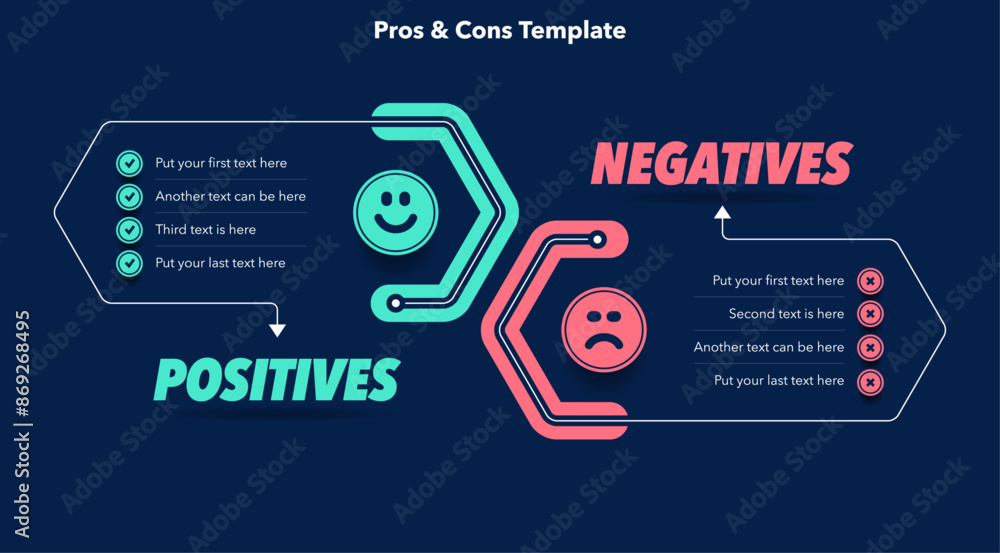 Aufkleber pros and cons diagram with place for your content - dark version. simple flat template for positive 