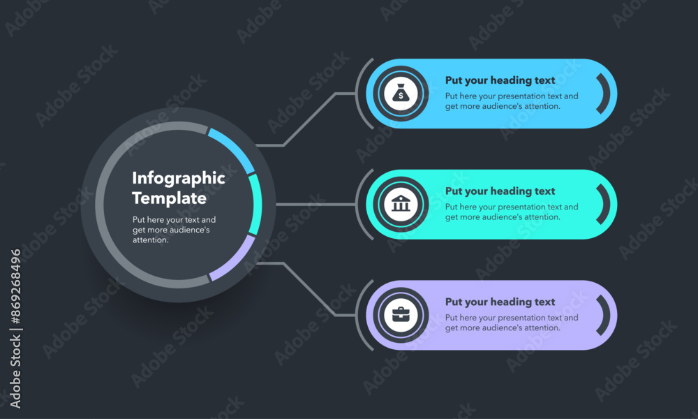 Poster Modern flowchart infographic template with three choices - dark version. Presentation diagram with icons and places forn your texts.