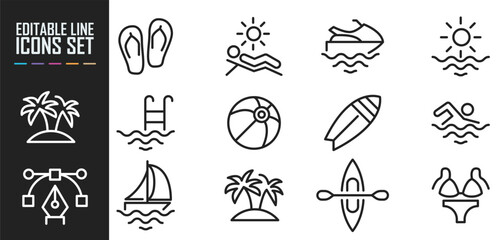 Set of editable icons on the theme of summer holidays.