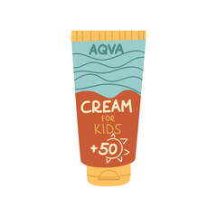 jar of sunscreen. The cream is in a closed tube. Cosmetics. Face and body care products. The icon of the Spf cream jar aqua. A vector object in a flat style. Retro colors. An isolated object. Spf 50