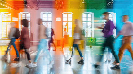 People walking on rainbow colors office space, motion blur effect, LGBT pride gender equality concept..