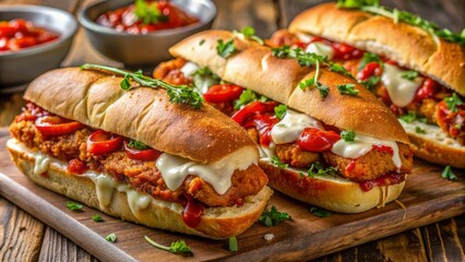 Vibrant, mouthwatering assortment of creatively topped chicken parmesan subs with bold sauces and melted mozzarella cheese on crunchy bread.