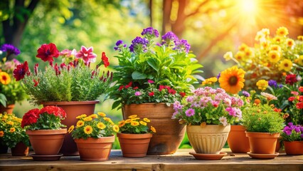 Vibrant colorful flowerpots overflowing with lush greenery and blooming flowers adorn a picturesque sunny spring summer garden backdrop.