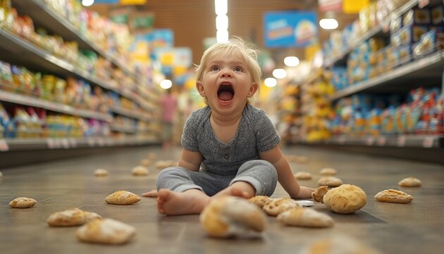 A toddler sits with an expression of surprise among scattered bread rolls on a supermarket floor
