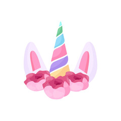 Hand drawn vector illustration of a cute funny unicorn face cake decoration with Flowers. Isolated objects on white background. Flat style design. Concept for children print.