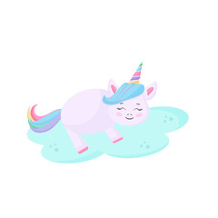 Fototapeta premium Hand drawn vector illustration of a cute funny unicorn, dream, sleep on the cloud, decoration with stars. Isolated objects on white background. Flat style design. Concept for children print.
