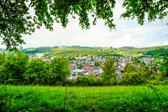 View of Oestrich near Iserlohn. Landscape with green nature and mountains.
