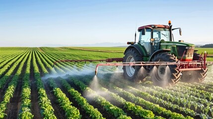 Fototapeta premium A tractor sprays pesticide on a field of crops during the day