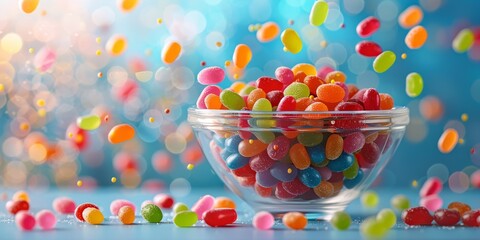 Naklejka premium Vibrant Jelly Beans in Glass Bowl with Colorful Bokeh Background