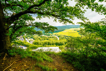 View from the Oestrich castle hill near Iserlohn. Landscape with green nature and mountains.

