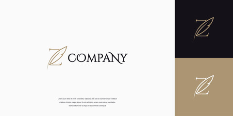 Simple feather signature logo design, lettering feather logo vector illustration