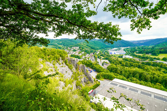 View from the Oestrich castle hill near Iserlohn. Landscape with green nature and mountains.
