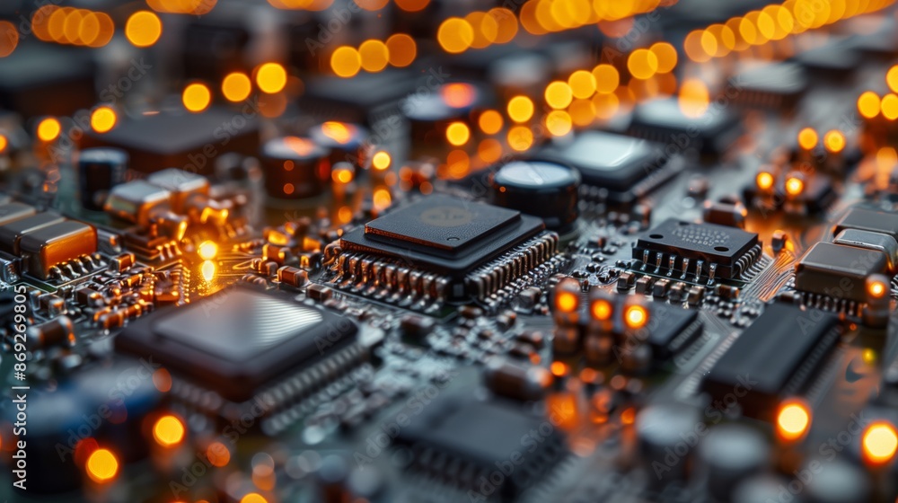 Poster close-up of electronic components with lights. detailed view of electronic components on a circuit b
