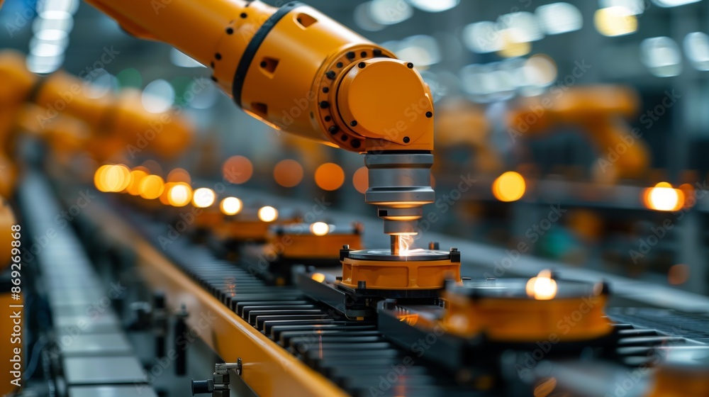 Poster robotic arm working on assembly line. close-up of a robotic arm working on an assembly line, highlig