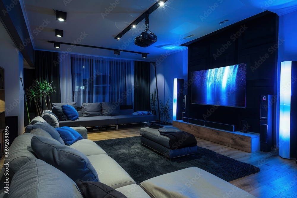 Poster A stylish living room with a modern home theater setup, featuring a large flat-screen smart TV displaying a vibrant image and a surround sound speaker system. Generative AI