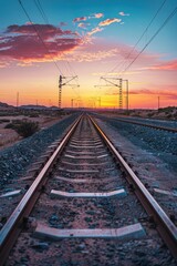 Fototapeta premium Train track with a beautiful sunset in the background