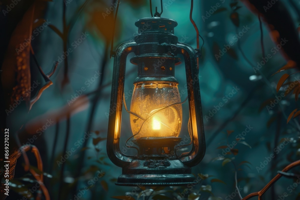Poster A lantern hangs from a tree branch in a dense forest, lighting the surrounding area