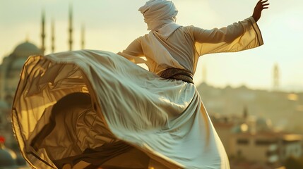 Whirling dervish in flowing garments, mid-spin with Istanbul's historic skyline as the backdrop.