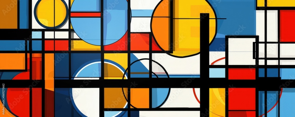 Poster abstract art features geometric patterns, vibrant colors, and dynamic compositions with circles, lin
