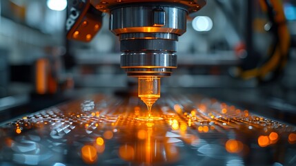 Precision CNC Milling in Action. Close-up of a CNC milling machine performing precision drilling with glowing orange lights, showcasing high-tech manufacturing processes.