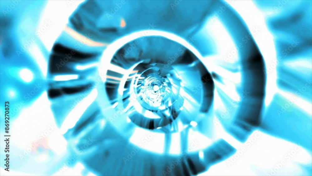 Poster abstract metallic shiny blue chrome polyhedral tunnel frame made of lines rounded edges, mechanical 