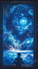 Child gazing into the vast, luminous cosmic expanse.