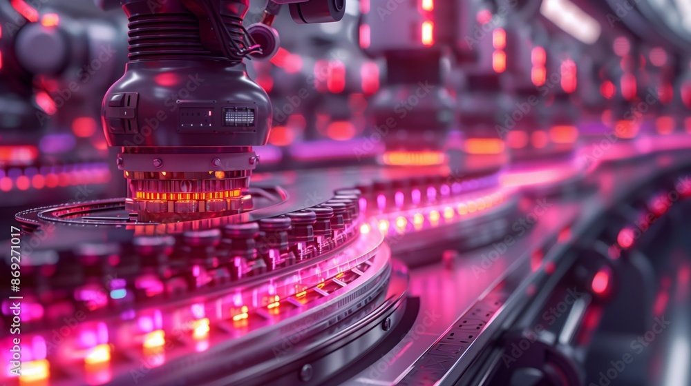 Poster advanced robotic assembly line. advanced robotic assembly line with glowing pink lights, showcasing 