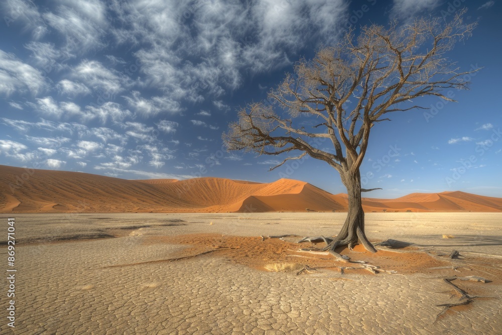 Poster a single tree stands alone in a vast desert landscape, offering shade and shelter from the harsh env