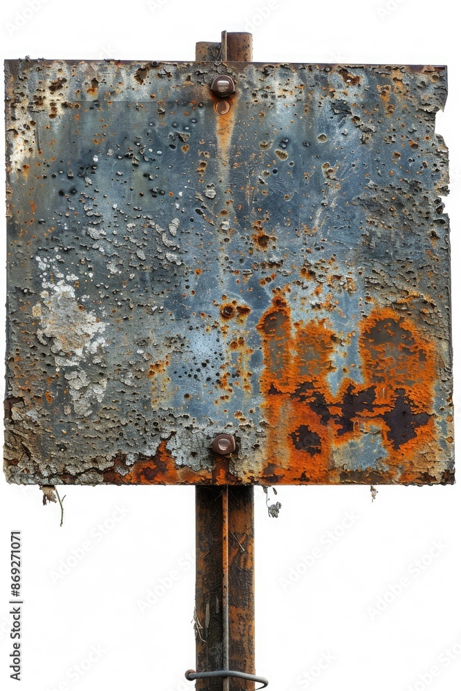 Poster a weathered metal sign on a pole with a rusty texture