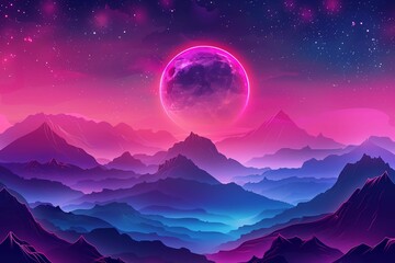 Fantastic illustration of the neon planet above the mountains