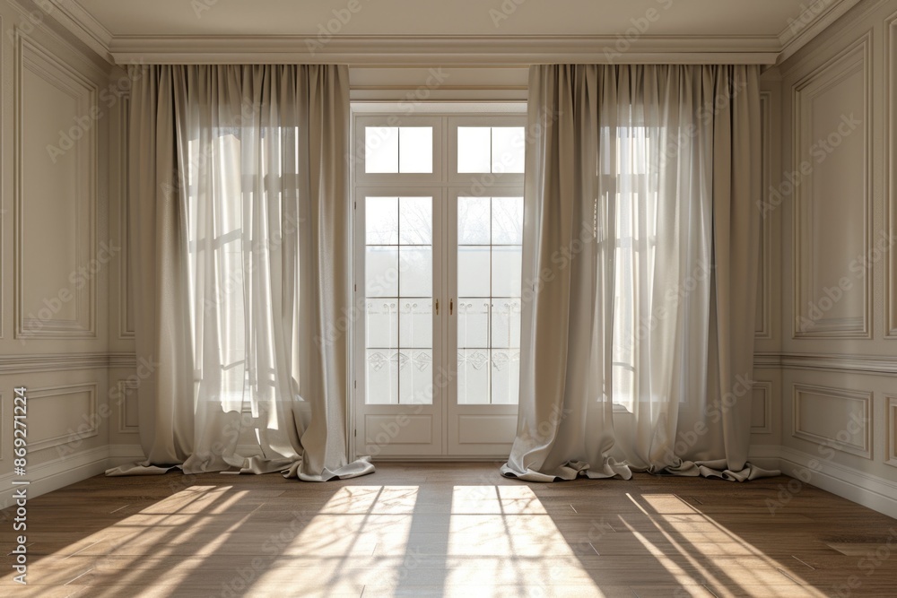Poster a room with a large window and wooden floor