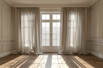 Obraz premium A room with a large window and wooden floor