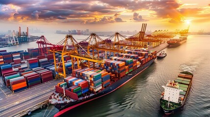 Naklejka premium Busy cargo ship port at sunset with container ships and cranes.