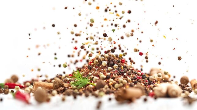 A selection of various spices displayed on a clean white surface