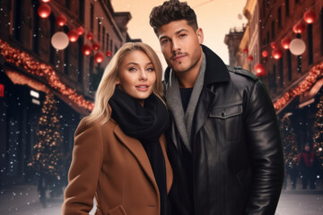 Fototapeta premium Happy couple standing in a festive street with holiday lights and decorations, both wearing winter coats.