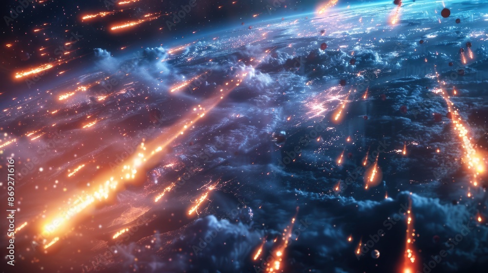 Poster Image of the Earth taken from a space station with a vast atmosphere and clouds visible