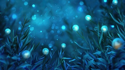Abstract blue background with glowing orbs and blurred foliage.  Mystical and dreamy, perfect for fantasy or nature themes.