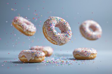 A playful image of doughnuts with colorful sprinkles falling, great for food or dessert themed designs