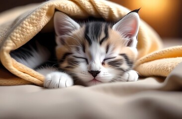 A cute sleeping kitten in a blanket.