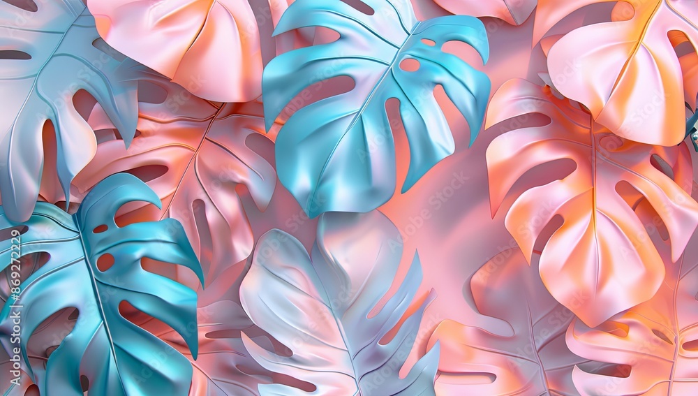 Sticker 3d pastel blue, pink and orange monstera leaves