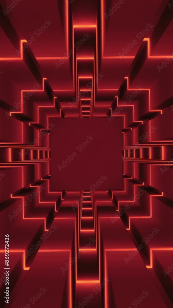 Poster flying inside red squared spinning tunnel. motion. endless flight inside rotating geometry corridor.